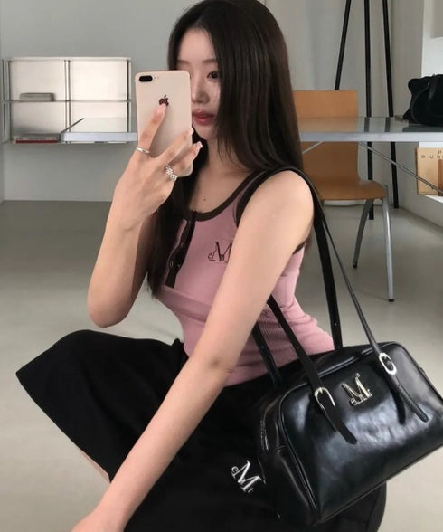 MUCENT(ムセント)/配色 ボタン リブ タンクトップ/COLOR-POP BUTTON CROP SLEEVELESS | AT2252082 | ピンク