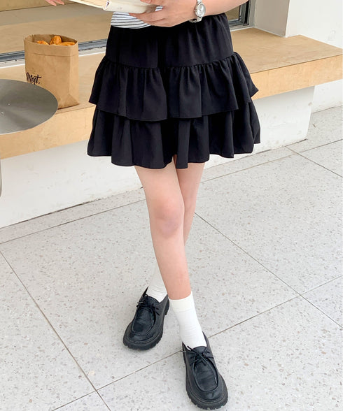 ダブルフリルティアードミニスカート インナーパンツ付き | EV2252060 | ブラック