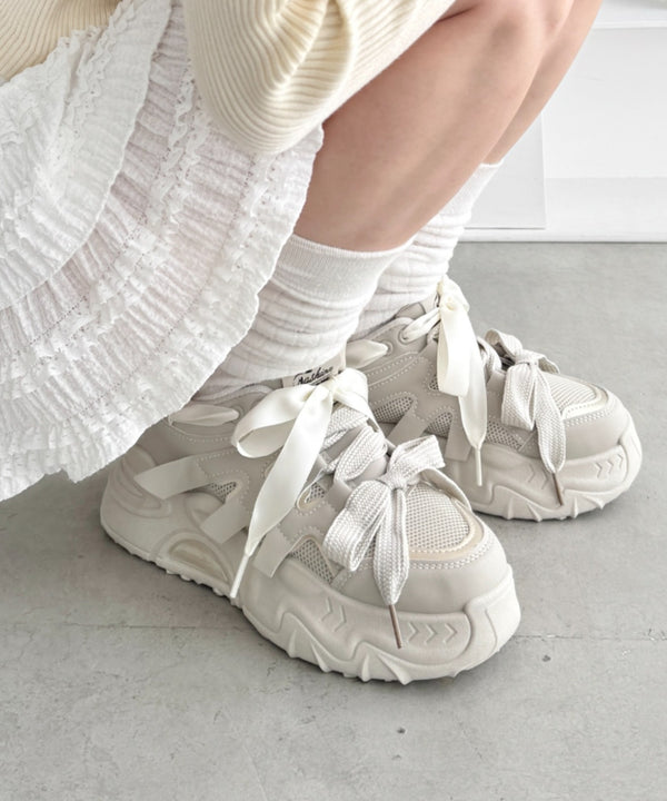 【靴紐2SET】ダブルリボン厚底スニーカー | LO3256001 | グレイッシュベージュ