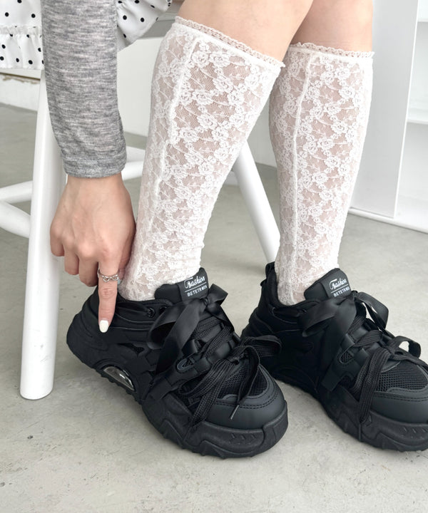 【靴紐2SET】ダブルリボン厚底スニーカー | LO3256001 | ブラック