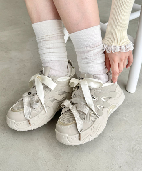 【靴紐2SET】ダブルリボン厚底スニーカー | LO3256001 | グレイッシュベージュ