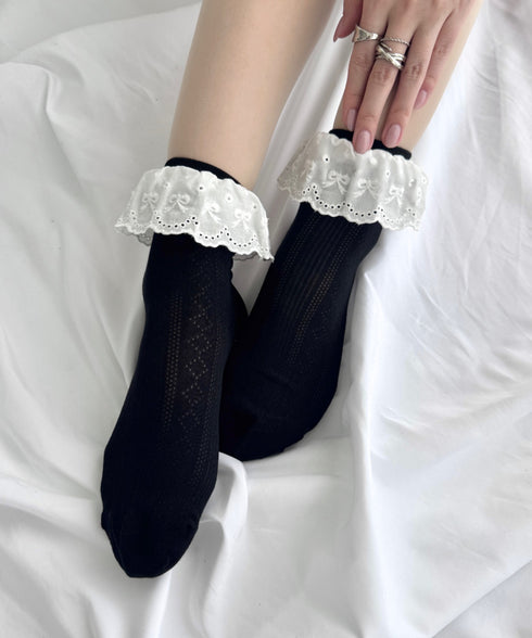 リボンコットンレースフリルソックス | LO6256004 | ブラック