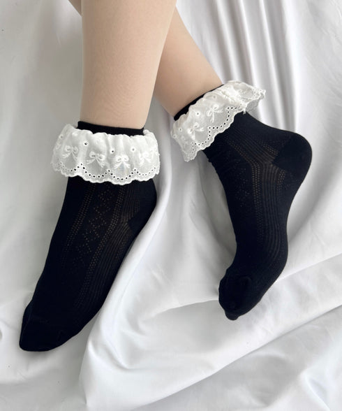 リボンコットンレースフリルソックス | LO6256004 | ブラック