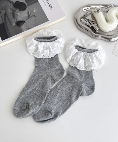 リボンコットンレースフリルソックス | LO6256004 | グレー