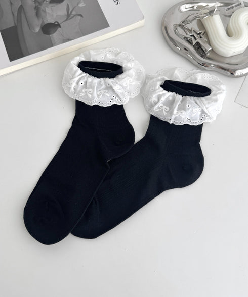 リボンコットンレースフリルソックス | LO6256004 | ブラック