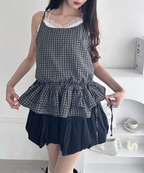 サイドリボンフリルチェックキャミソール | LO2253001 | ブラック