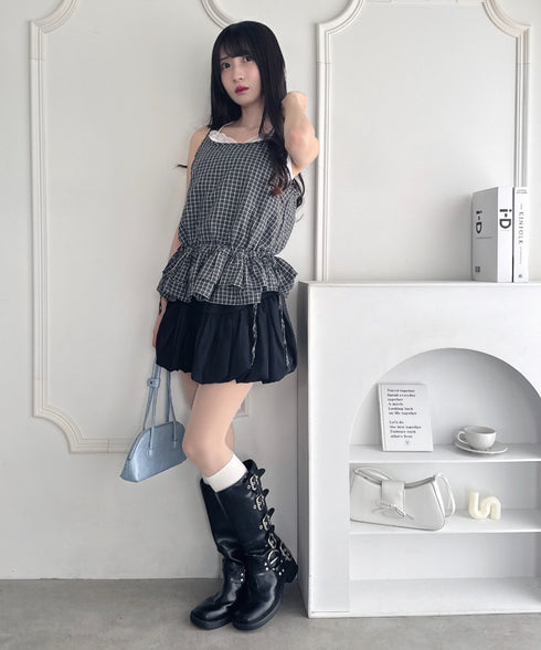 サイドリボンフリルチェックキャミソール | LO2253001 | ブラック