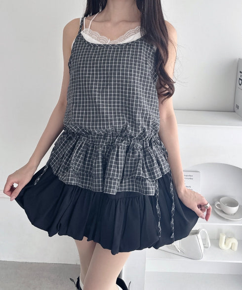 サイドリボンフリルチェックキャミソール | LO2253001 | ブラック