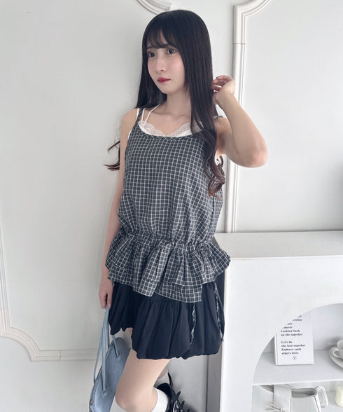 サイドリボンフリルチェックキャミソール | LO2253001 | ブラック