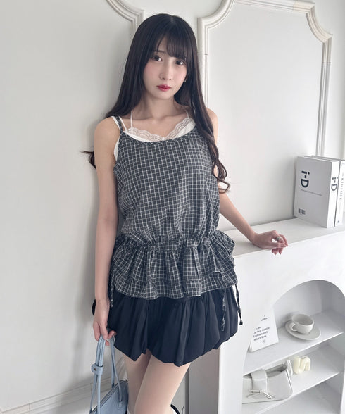 サイドリボンフリルチェックキャミソール | LO2253001 | ブラック