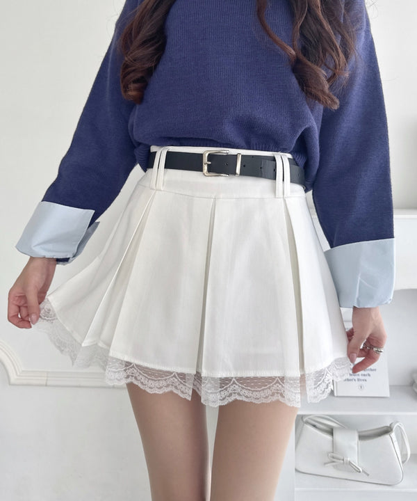 ベルト付き裾レースプリーツミニスカパン | LO2253007 | ホワイト