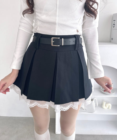 ベルト付き裾レースプリーツミニスカパン | LO2253007 | ブラック