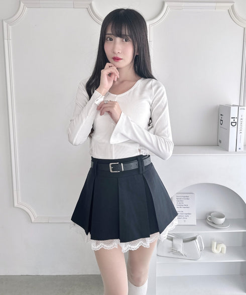 ベルト付き裾レースプリーツミニスカパン | LO2253007 | ブラック