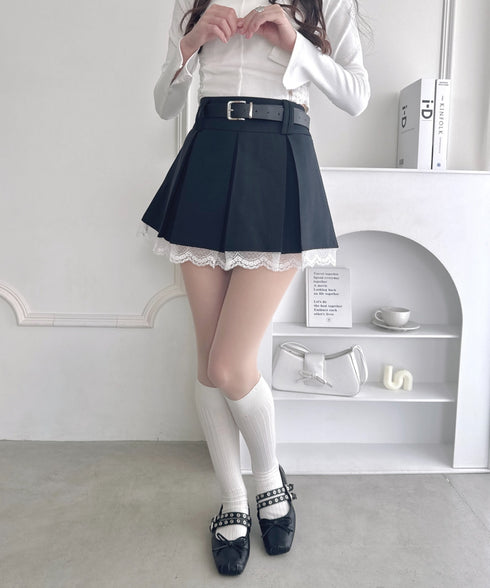 ベルト付き裾レースプリーツミニスカパン | LO2253007 | ブラック