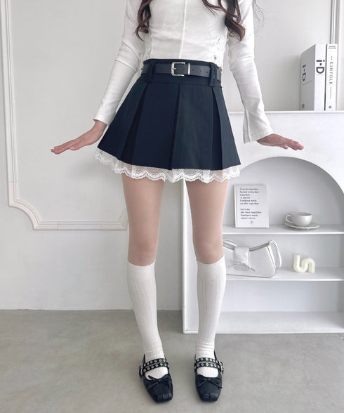 ベルト付き裾レースプリーツミニスカパン | LO2253007 | ブラック
