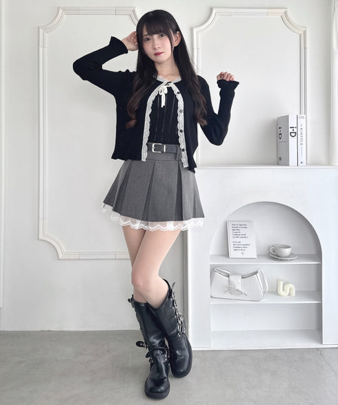 ベルト付き裾レースプリーツミニスカパン | LO2253007 | グレー