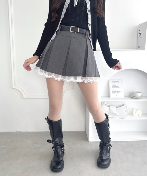 ベルト付き裾レースプリーツミニスカパン | LO2253007 | グレー