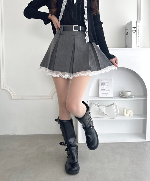 ベルト付き裾レースプリーツミニスカパン | LO2253007 | グレー