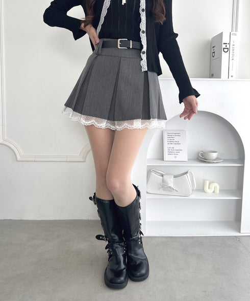 ベルト付き裾レースプリーツミニスカパン | LO2253007 | グレー