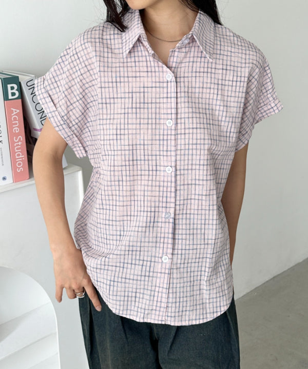 ロールアップチェック半袖シャツ | CL2255055 | ピンク