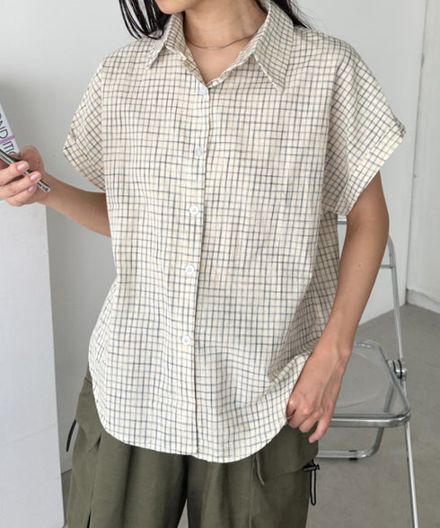 ロールアップチェック半袖シャツ | CL2255055 | ベージュ