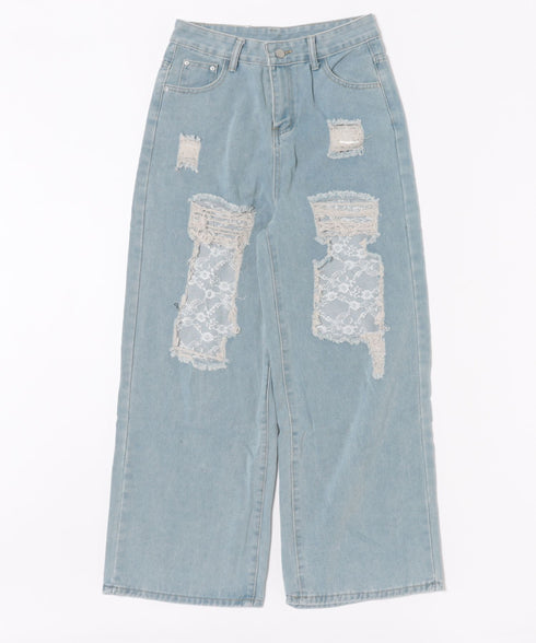 レースデザインダメージルーズデニムパンツ | WR2253010 | ライトブルー