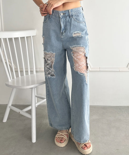 レースデザインダメージルーズデニムパンツ | WR2253010 | ライトブルー