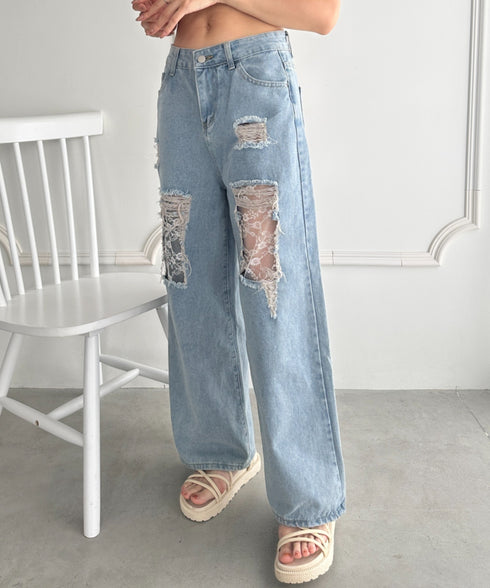 レースデザインダメージルーズデニムパンツ | WR2253010 | ライトブルー