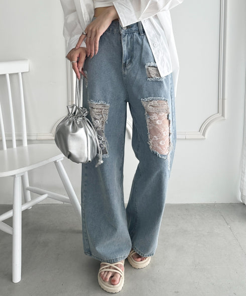 レースデザインダメージルーズデニムパンツ | WR2253010 | ライトブルー