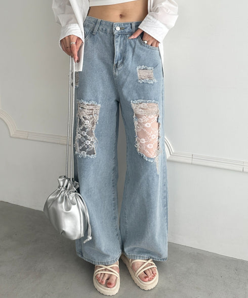 レースデザインダメージルーズデニムパンツ | WR2253010 | ライトブルー