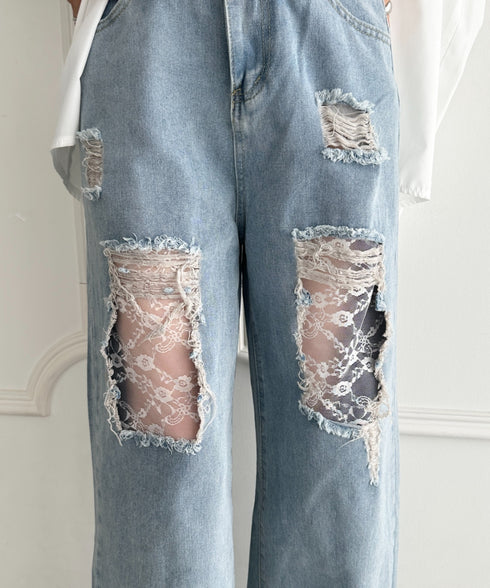 レースデザインダメージルーズデニムパンツ | WR2253010 | ライトブルー