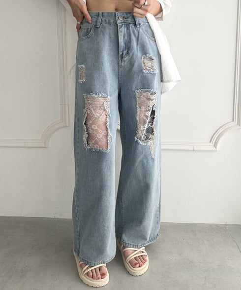 レースデザインダメージルーズデニムパンツ | WR2253010 | ライトブルー