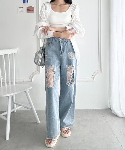 レースデザインダメージルーズデニムパンツ | WR2253010 | ライトブルー