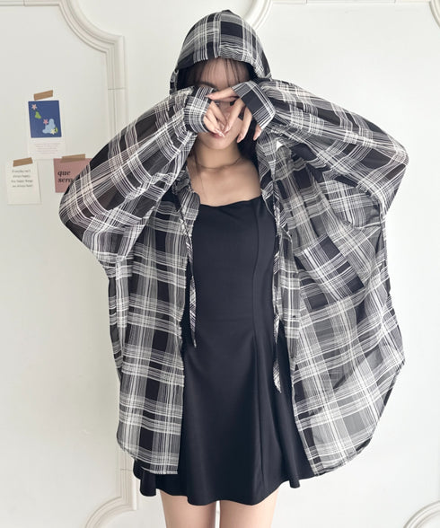 フード付きオーバーシアーチェックシャツ | WR2253001 | ブラック