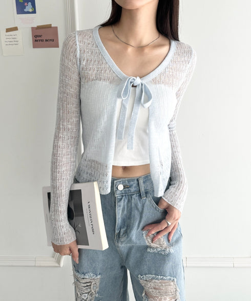 ショート丈フロントリボンカーディガン | WR2253003 | ライトブルー