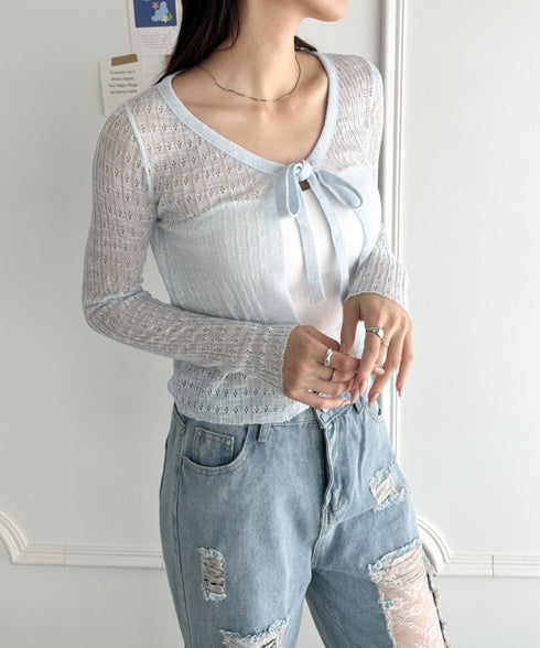 ショート丈フロントリボンカーディガン | WR2253003 | ライトブルー