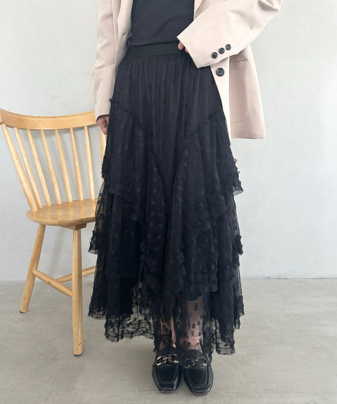 ボリュームレース花柄ロングスカート | MD2252055 | ブラック
