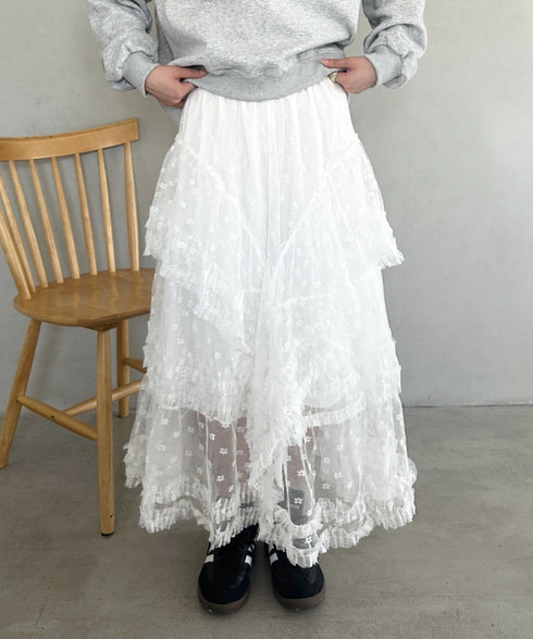 ボリュームレース花柄ロングスカート | MD2252055 | ホワイト