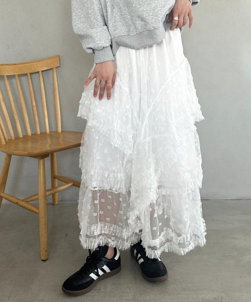ボリュームレース花柄ロングスカート | MD2252055 | ホワイト