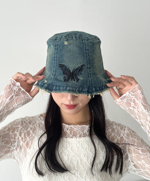 蝶刺繍ダメージデニムバケハ | WR5252030 | ブルー
