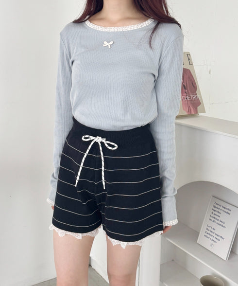裾レースボーダーリブショートパンツ | SL2256018 | ブラック