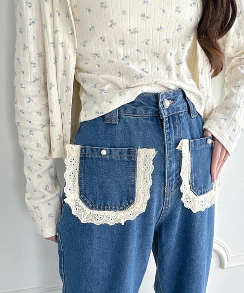 コットンレースポケットデニムパンツ | LO2256013 | ブルー