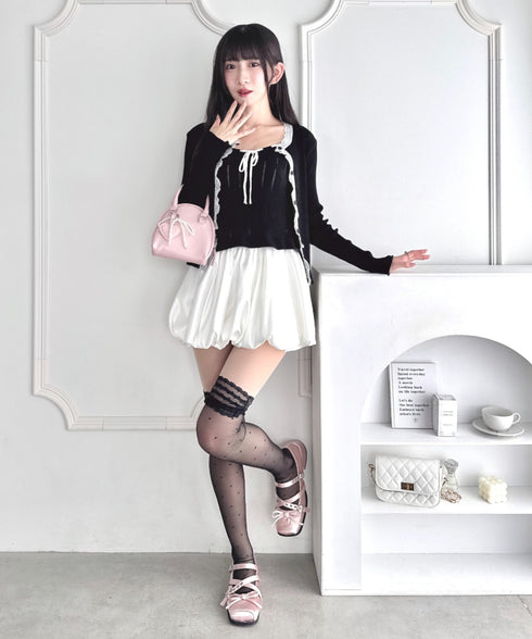 【2点SET】透かし編みリボンキャミ+レーストリムカーディガン | LO2256014 | ブラック