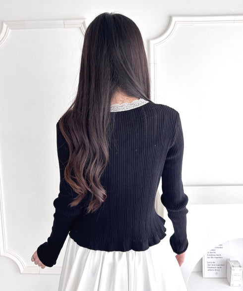 【2点SET】透かし編みリボンキャミ+レーストリムカーディガン | LO2256014 | ブラック