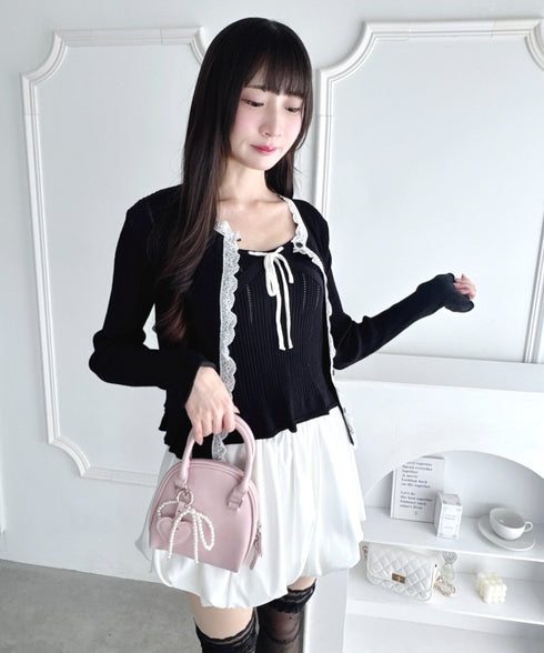 【2点SET】透かし編みリボンキャミ+レーストリムカーディガン | LO2256014 | ブラック