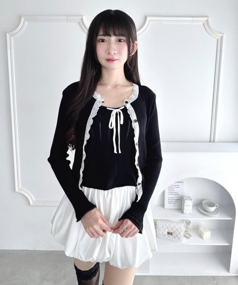 【2点SET】透かし編みリボンキャミ+レーストリムカーディガン | LO2256014 | ブラック
