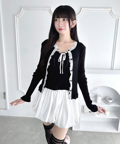 【2点SET】透かし編みリボンキャミ+レーストリムカーディガン | LO2256014 | ブラック