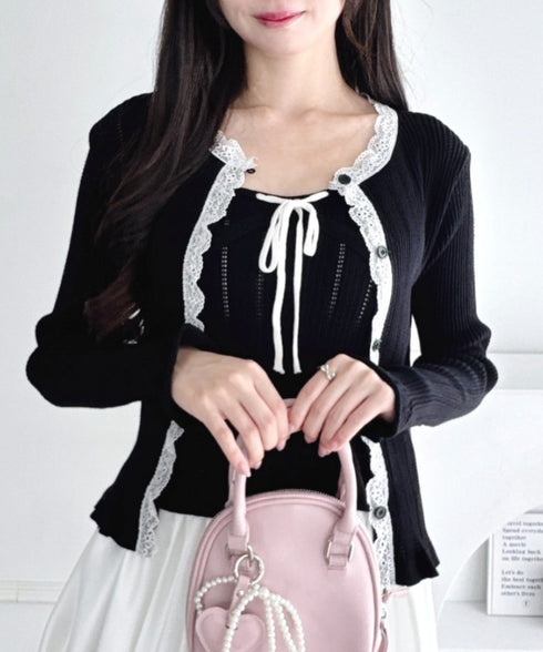 【2点SET】透かし編みリボンキャミ+レーストリムカーディガン | LO2256014 | ブラック