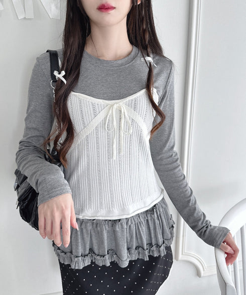 【2点SET】透かし編みリボンキャミ+レーストリムカーディガン | LO2256014 | ホワイト