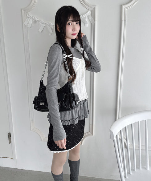 【2点SET】透かし編みリボンキャミ+レーストリムカーディガン | LO2256014 | ホワイト